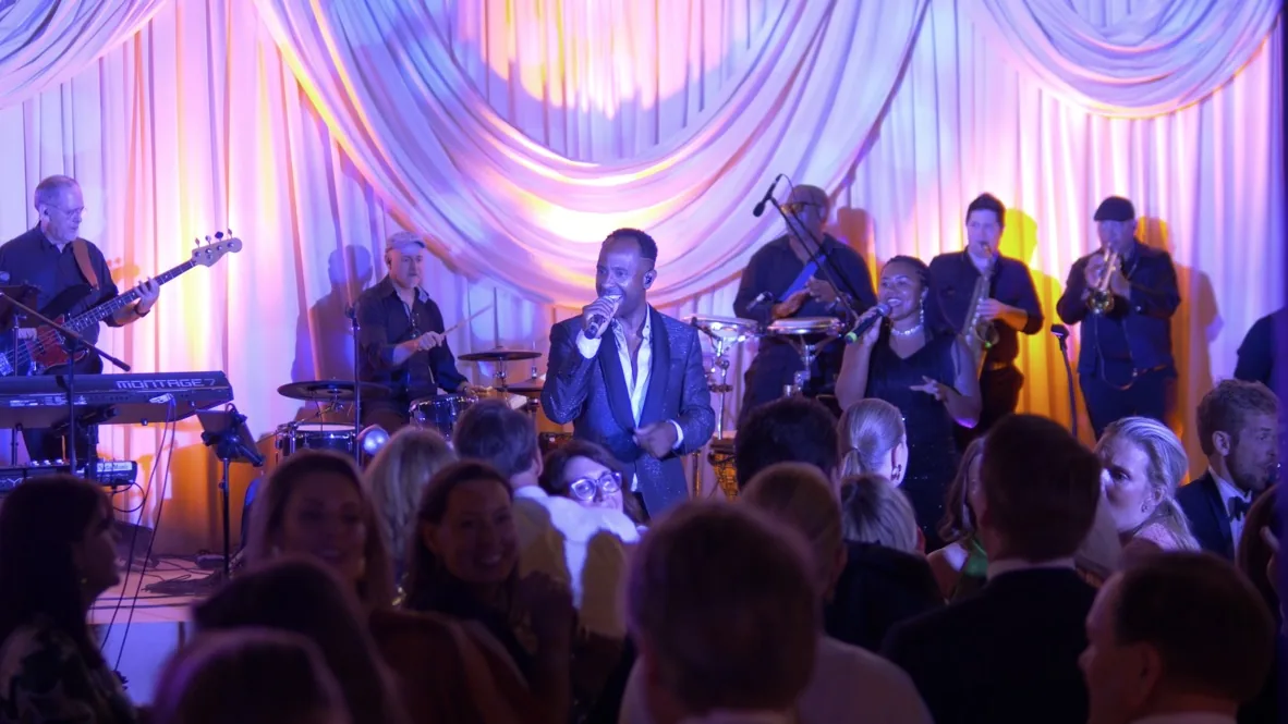 Hochzeitsband Mallorca live: Inan Lima singt mit Showband, Bläsern und Sängerin vor feiernden Hochzeitsgästen